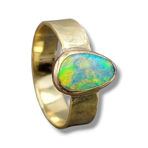 LeoLars-PABE herrlicher Lightning Ridge Chrystal Opal Design Ring aus 585er Gelbgold, Opaltropfen mit Multicolor Opalfeuer, gehämmert und seidenmatt, Größe: 54 (17,2), Unikat, Handarbeit