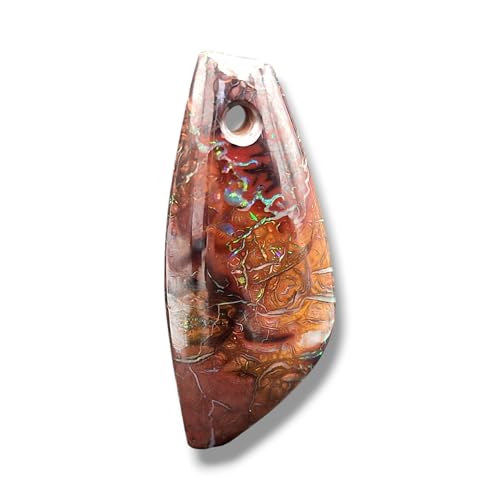 LeoLars-PABE Boulder Opal Anhänger mit Frontbohrung und 60cm Lederband, der Opal ist beidseitig tragbar, tolle Multicoloradern mit Feuer, Größe 40mm x 16,8mm x 6,2mm, Unikat, Handgeschliffen