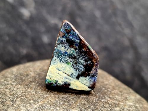 Außergewöhnlicher Boulder Opal Anhänger gebohrt mit 60 cm Lederband, Opal schwarz/weiße gemeine Opalschicht mit partiellem Opalfeuer, Maße: 19,6mm x 14,7mm x 6,5mm Unikat, Handgeschliffen