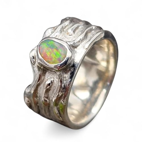 LeoLars-PABE Lightning Ridge Opal Design Ring, Gr. 54 (17,3), aus 925er Silber, Wellen Design, Multicolor Opalfeuer Semi Chrystal Opal, Unikat, Handarbeit
