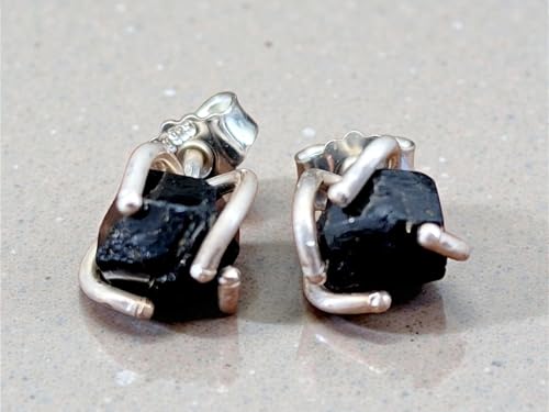 Ohrstecker mit Melanit Rohsteinen, aus 925er Silber mit Flügelmuttern, fast schwarz, Unikat, Handarbeit
