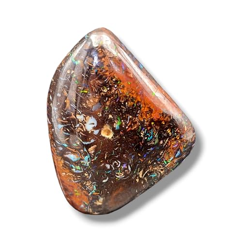 LeoLars-PABE Wundervoller Boulder Opal Anhängergebohrt mit 60cm Lederband, tolles Muster und Opalfeuer in Multicolor Pinfire, mit kleinem Sandspot, 34x27x8,5mm, Unikat, Handgeschliffen