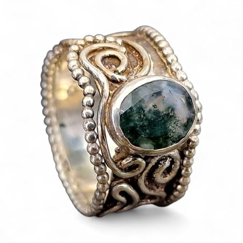 LeoLars-PABE Verspielter breiter Moosachat Design Ring Gr. 62 (19,7), aus 925er Silber, verschnörkelt, Moosachat, facettiert mit schönem Innenleben, Nr. 0100, Unikat, Handarbeit