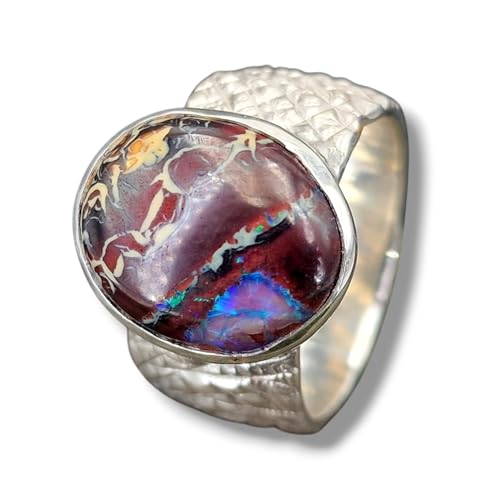 LeoLars-PABE 925er Silber Design Ring mit Boulder Opal, Opal mit tollem Muster und partiell blauem Opalfeuer, wilde Oberflächen Struktur, massiv, Ringgröße: 59 (18,7), Unikat, Handarbeit