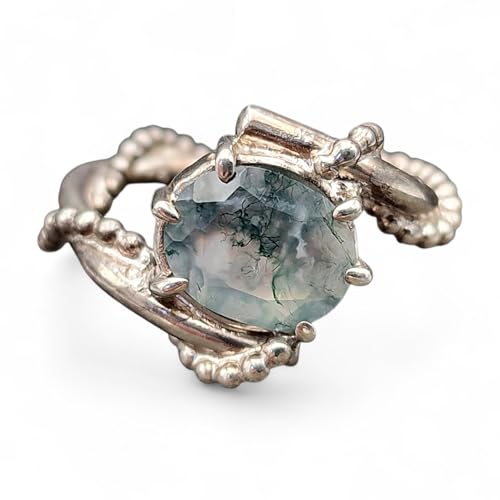 LeoLars-PABE Design Moosachat Ring, Gr.52 (16,7) aus 925er Silber, tolles Innenleben im Stein, facettiert, oval, Nr. 0105, Unikat, Handarbeit