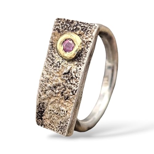 LeoLars-PABE Rosa Saphir Design Ring aus 925er Silber mit Gelbgold Fassung Geprägte und gehämmerter Platte, Unikat,Handarbeit