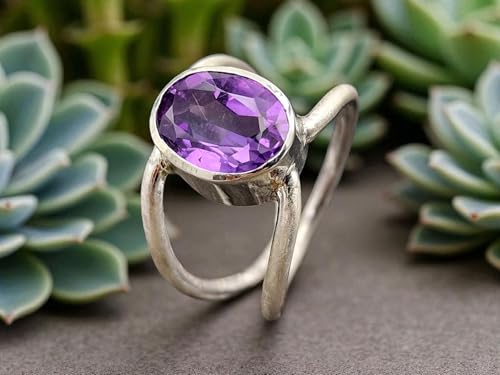 LeoLars-PABE Amethyst Design Ring aus 925er Silber, Gr.60 (19,3), lila oval facettierter Amethyst in Zargenfassung, doppelte Ringschiene, Unikat, Handarbeit