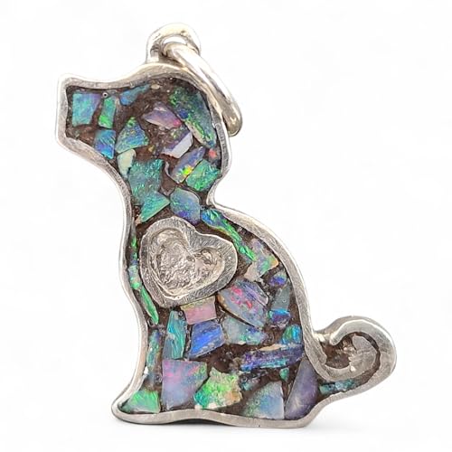 Lightning Ridge Opalsplitter Hunde Anhänger aus 925er Silber, Multicolor Opalfeuer, Opale in Kunststoff eingegossen, Hund, Welpe, Herz, Hunde und Opalliebhaber, Unikat, Unisex, Handarbeit