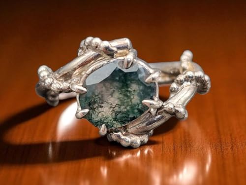 LeoLars-PABE Moosachat Design Ring verspielt, Gr. 56 (18), Nr. 0107, aus 925er Silber, verschnörkelt, oval facettiert mit wundervollem Innenleben, Unikat, Handarbeit