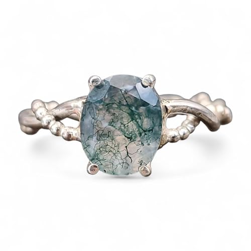 LeoLars-PABE Zarter verspielter Moosachat Design Ring aus 925er Silber, Gr.56-57 (18), mit schönem Innenleben des facettiertem Moosachat, Nr.0101, Unikat, Handarbeit