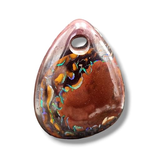 Boulder Opal Anhänger Yowah Nuss mit Frontbohrung und 60cm Lederband, Opal - tolles Muster beidseitig, grün-blaues Opalfeuer, 24,8 x 18,9 x 8,7mm, Unikat, Handgeschliffen