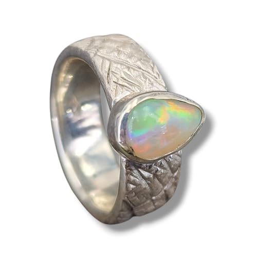 LeoLars-PABE Lightning Ridge Opal Tropfen Design Ring aus 925er Silber, kreuzschraffierte wilde Oberfläche, mehrfarbiges Opalfeuer, Ringgröße: 53/54, Unikat, Handarbeit