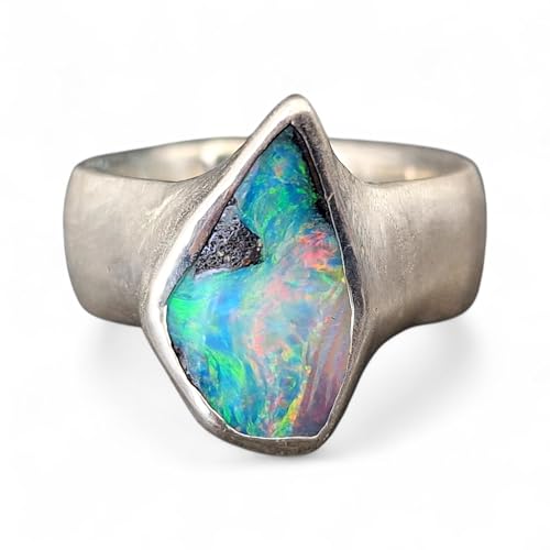 LeoLars-PABE Boulder Opal Design Ring aus 925er Silber, mit brillianter Multicolor Chrystal Opalschicht und Opalfeuer, Seidenmatt, Unikat, Handarbeit, Gr. 54 (17,2)