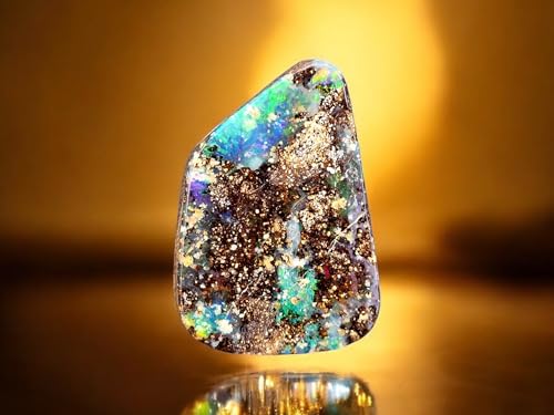 Großer dicker Boulder Opal Anhänger gebohrt mit 60cm Lederband, Opal - grün-blaues Opalfeuer, partiell Multicolor, brilliante Farben, 33 x 22,7 x 10,2mm, Unikat, Handgeschliffen