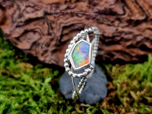 LeoLars-PABE Multicolor Lightning Ridge Opal Design Ring, Gr. 62 (19,7), aus 925er Silber, Perldrahtdesign, Opal in Zargenfassung, Unikat, Handarbeit