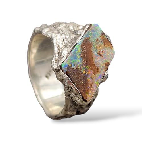 LeoLars-PABE Boulder Opal Design Ring aus 925er Silber in unserem speziellen organischen Design, Opal mit mehrfarbigem Feuer Größe 55-56 (17,7) in Zargenfassung, Unikat, Handarbeit