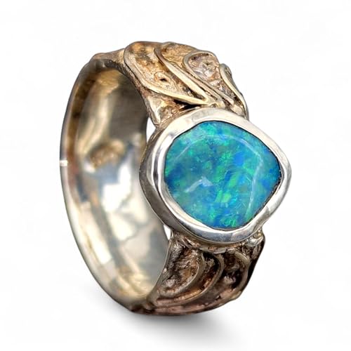 LeoLars-PABE Lightning Ridge Opal Design Ring, Gr. 56 (18), aus 925er Silber, Rustikal, verspielt, Opalfeuer in grün und blau, Unikat, Handarbeit