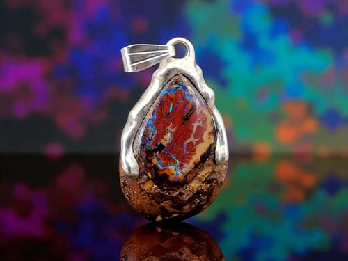 LeoLars-PABE Tropfen Design Boulder Opal Anhänger aus 925er Silber, Opalnuss mit grünen und blauen Opaladern mit Opalfeuer, Unikat, Handarbeit, Unisex