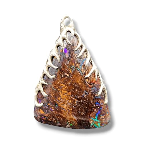 LeoLars-PABE Tribal Design Boulder Opal Anhänger aus 925er Silber mit herrlichem Muster und Opalfeuer in grün-lila-blau, Unikat, liebevolle Handarbeit