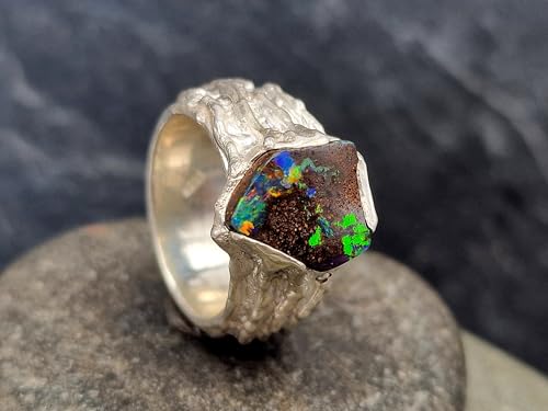 LeoLars-PABE Boulder Opal Design Ring aus 925er Silber, Gr. 57 (18,2), Opal Multicolor Opalfeuer, 12,9 x 10,5mm, Organisch fließendes gewachsenes Design, Unikat, Handarbeit