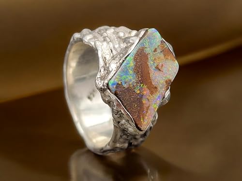 LeoLars-PABE Boulder Opal Design Ring aus 925er Silber in unserem speziellen organischen Design, Opal mit mehrfarbigem Feuer Größe 55-56 (17,7) in Zargenfassung, Unikat, Handarbeit