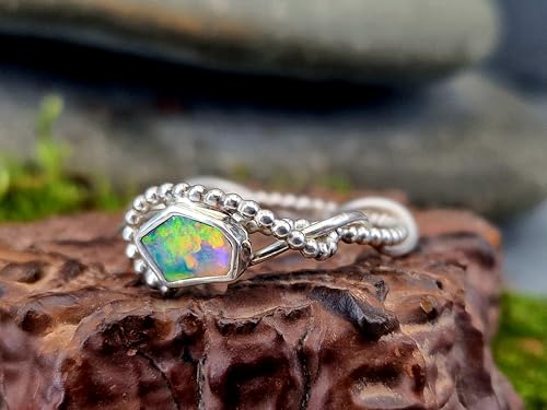 LeoLars-PABE Multicolor Lightning Ridge Opal Design Ring, Gr. 62 (19,7), aus 925er Silber, Perldrahtdesign, Opal in Zargenfassung, Unikat, Handarbeit