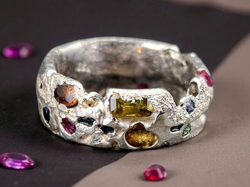 LeoLars-PABE Sandguss Chaos Design Ring, Gr.55 (17,5), aus 925er Silber mit echten eingegossenen Edelsteinen, Sandguss typische Oberflächen Struktur, Nr. 157, Unikat, Handarbeit