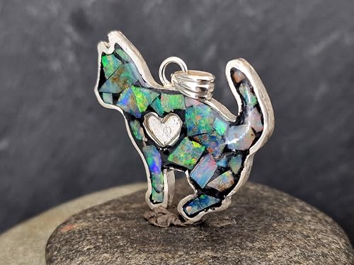 LeoLars-PABE Multicolor Opalsplitter (Lightning Ridge), Katzen Design Anhänger aus 925er Silber, Opale in Kunststoff eingegossen, Katze, Katzen und Opalliebhaber, bunt, Handarbeit, Unikat, Unisex