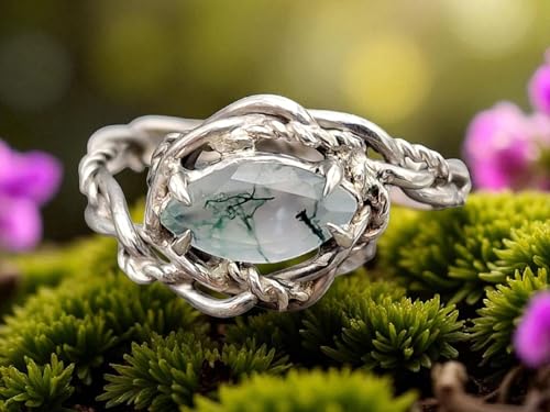 LeoLars-PABE Verspielter Moosachat Design Ring aus 925er Silber, Gr. 57 (18,3),Moosachat mit schönem Innenleben als Navette facettiert, Nr.0103, Unikat, Handarbeit