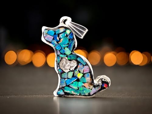 LeoLars-PABE Multicolor Lightning Ridge Opalsplitter Hunde Design Anhänger aus 925er Silber, Opale in Kunststoff eingegossen, Hunde Welpe, Herz, Hundeliebhaber, Unikat, Handarbeit, Unisex