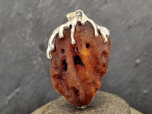 LeoLars-PABE großer Nordsee Bernstein Design Anhänger aus 925er Silber, gelb-braun mit natürlicher Oberfläche, Tropfendesign, beidseitig tragbar, Unikat, Handarbeit, Unisex