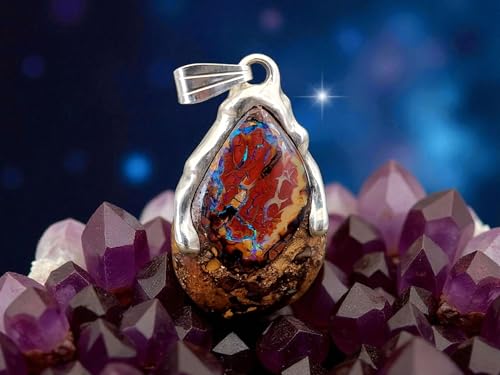 LeoLars-PABE Tropfen Design Boulder Opal Anhänger aus 925er Silber, Opalnuss mit grünen und blauen Opaladern mit Opalfeuer, Unikat, Handarbeit, Unisex