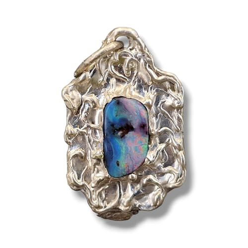 LeoLars-PABE Toller Boulder Opal Design Anhänger mit organisch gestaltetem Rahmen aus 925er Silber, Opal - Picture Stone mit mehrfarbigem Opalfeuer, 16x9mm, Unikat, Handarbeit