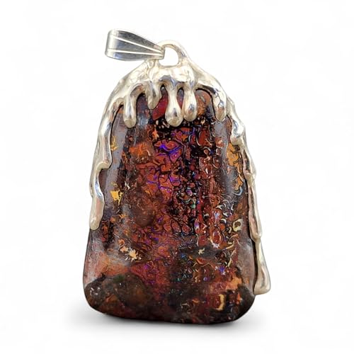 Boulder Opal Tropfendesign Anhänger aus 925er Silber, flüssiges Silber, Opal mit herrlichen Muster, Picture Stone, Opalfeuer in grün, blau und lila, Unikat, Handarbeit, Unisex