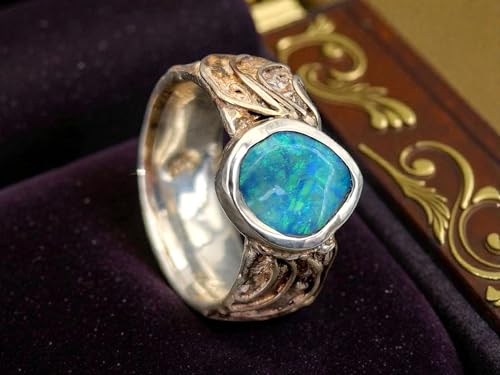 LeoLars-PABE Lightning Ridge Opal Design Ring, Gr. 56 (18), aus 925er Silber, Rustikal, verspielt, Opalfeuer in grün und blau, Unikat, Handarbeit