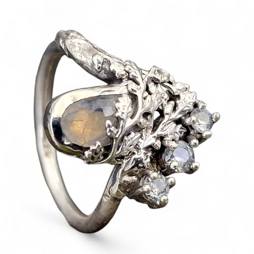 LeoLars-PABE Verspielter Design Ring mit Labradorit und Bergkristall, Gr.53 (17) aus 925er Silber, natürlich und mit Blättergirlande, Unikat, Handarbeit
