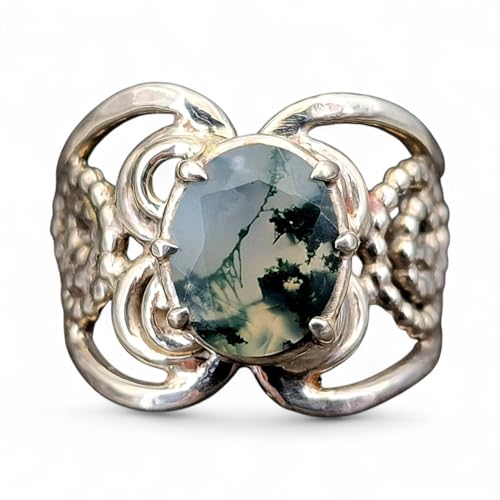 LeoLars-PABE Verspielter und verschnörkelter Moosachat Design Ring aus 925er Silber, Gr.54-55(17,5), Nr. 0108, Unikat, Handarbeit