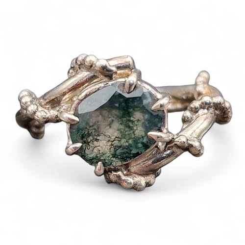 LeoLars-PABE Moosachat Design Ring verspielt, Gr. 56 (18), Nr. 0107, aus 925er Silber, verschnörkelt, oval facettiert mit wundervollem Innenleben, Unikat, Handarbeit