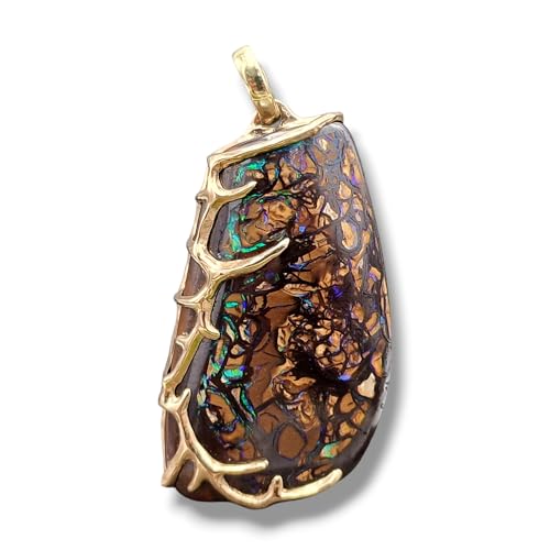 LeoLars-PABE Herrlicher Tribal Design Boulder Opal Anhänger aus 585er Gelbgold, Opal - grün,blau,lila Opalfeuer aus Opaladern, wundervolles Muster, 41,5 x 25 x 8,7mm, Unikat, Handarbeit