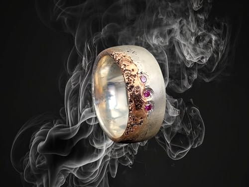 LeoLars-PABE Sandguss Design Bicolor Ring aus 925er Silber und 333er Rotgold in Lava Optik mit drei lila/pinkfarbenen Labgrown Diamanten, teilmattiert, Gr. 56 (18), Unikat, Handarbeit