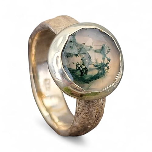 LeoLars-PABE Moosachat Design Ring, Gr. 58 (18,5), aus 925er Silber mit tollem Innenleben und Kräuterdesign 420 Nr. 0102 Ringschiene, Unikat, Handarbeit