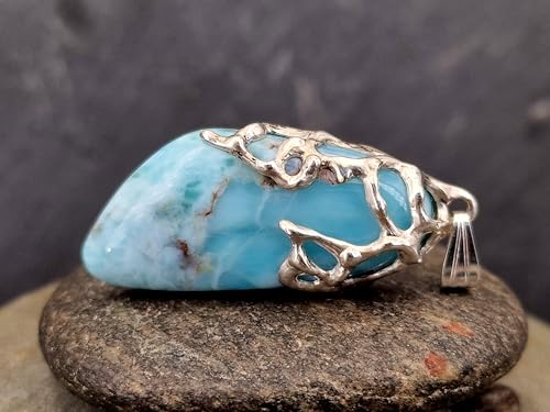 LeoLars-PABE Larimar Design Anhänger aus 925er Silber, organische Gitter Struktur, herrliches Karibik blau, Unikat, Design, Unisex, Handarbeit