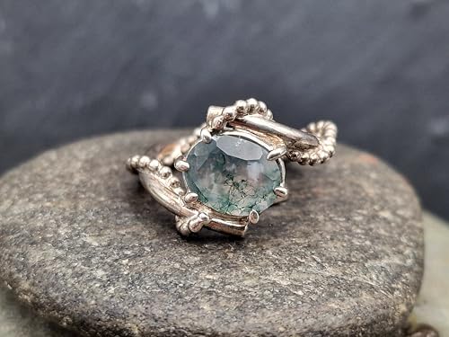 LeoLars-PABE Design Moosachat Ring, Gr.52 (16,7) aus 925er Silber, tolles Innenleben im Stein, facettiert, oval, Nr. 0105, Unikat, Handarbeit