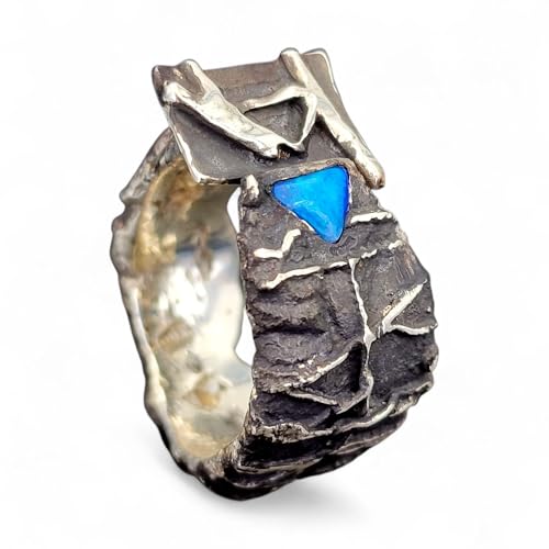 LeoLars-PABE Rustikaler, teilgeschwärzter Design Ring aus 925er Silber mit intensivem brilliantem Opalfeuer in grün und blau, Lightning Ridge Opal, Gr. 59-60 (19), Unikat, Handarbeit, Unisex