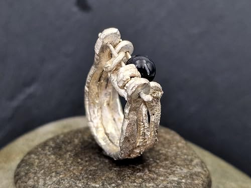 LeoLars-PABE Strandgut Design Ring mit Onyx Perle aus 925er Silber, Gr. 59 (18,7), organisch natürlich, mit beweglichen Strandgut Teilen, Unikat, Handarbeit