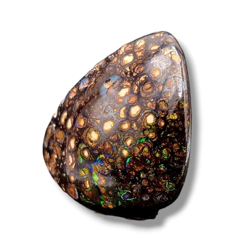 Boulder Opal Anhänger, gebohrt mit 60cm Lederband, Opal mit Kringel Muster und in den Adern herrliches Feuer in verschiedenen Farben, Größe 21mm x 19mm x 8,3mm, Unikat, Handgeschliffen