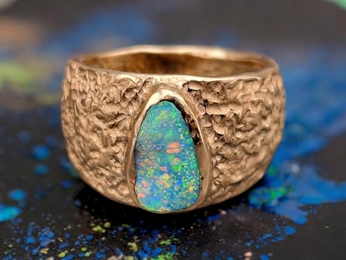 Wunderschöner Lightning Ridge Opal Design Ring aus 585er Gelbgold mit herrlicher Oberflächen Struktur, Gr. 58-59 (18,5), Opal - intensiv Multicolor Opalfeuer, 12x6,8mm, Unikat, Handarbeit