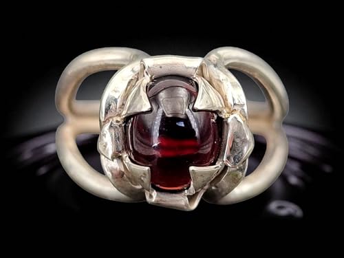 LeoLars-PABE Magisch mystischer Granat Design Ring, Gr. 59 (18,7) aus 925er Silber, Granat-blutrot als ovaler Cabochon, Magier Ring, Unikat, Handarbeit