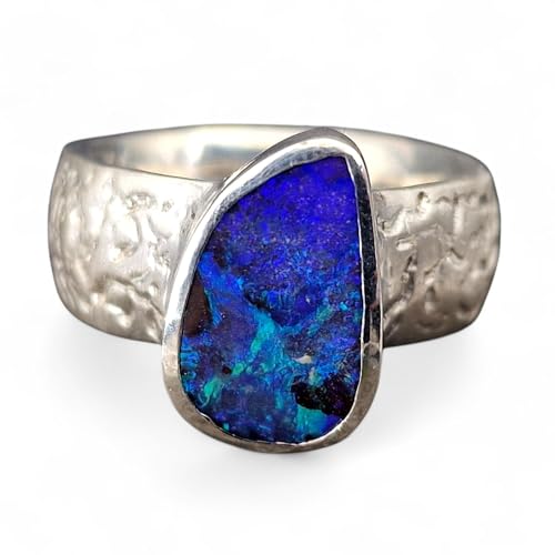 LeoLars-PABE Boulder Opal Design Ring, Gr.59 (18,7), aus 925er Silber, Picture Stone Universe, lila-blau-grünes Opalfeuer, Structure Design, Unikat, Handarbeit