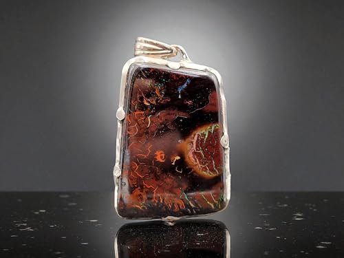 LeoLars-PABE Boulder Opal Design Anhänger aus 925er Silber, Opal Picture Stone mit tollem Muster und partiell mehrfarbigem Opalfeuer, Gitterfassung, Unikat, Handarbeit, Unisex